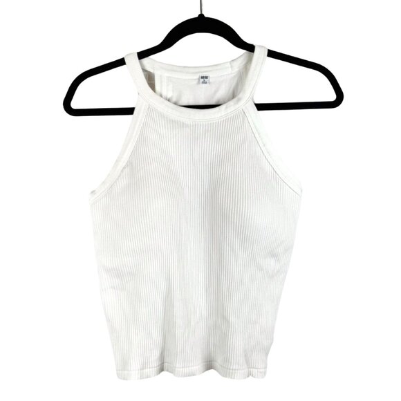 NWOT Uniqlo White Ribbed Halter Neck Padded Built In Shelf Bra Tank Top - XL - Picture 2 of 8